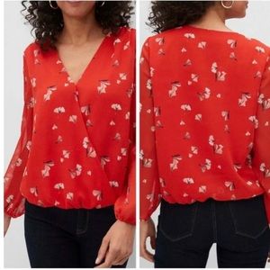 Banana Republic Wrap Front Style Top Blouse Size S Coral Red Floral Print